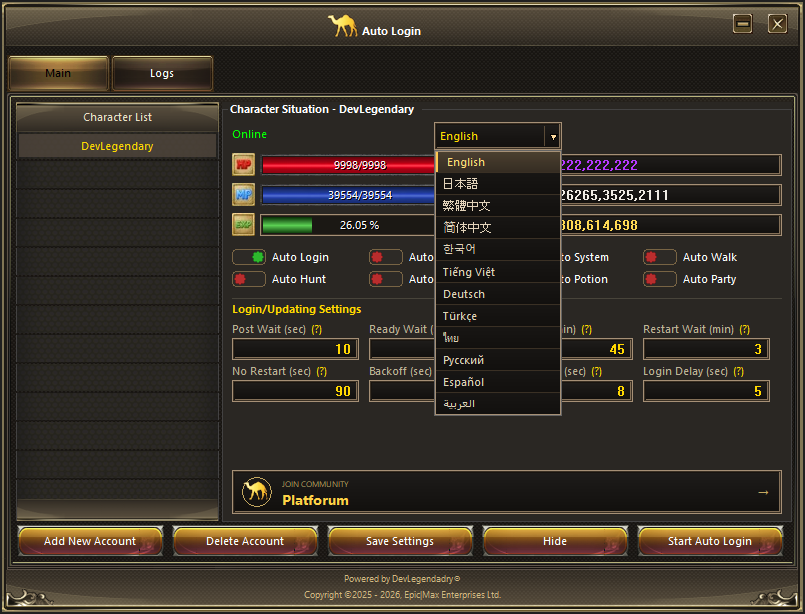 Auto Login settings with language selection and client update options
