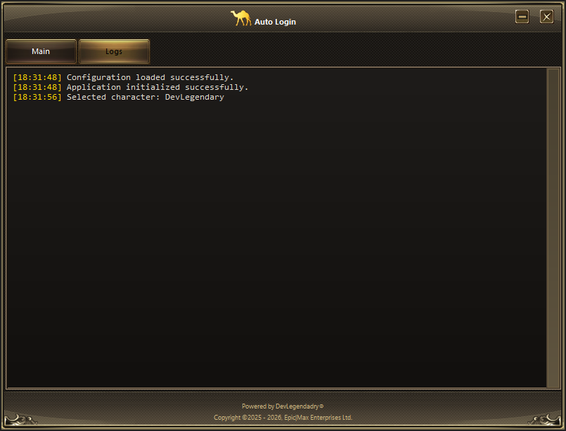 Auto Login logs showing successful configuration and character selection