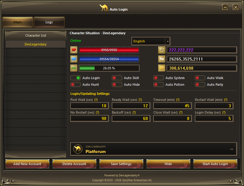Auto Login main dashboard with character stats, macro toggles, and login settings