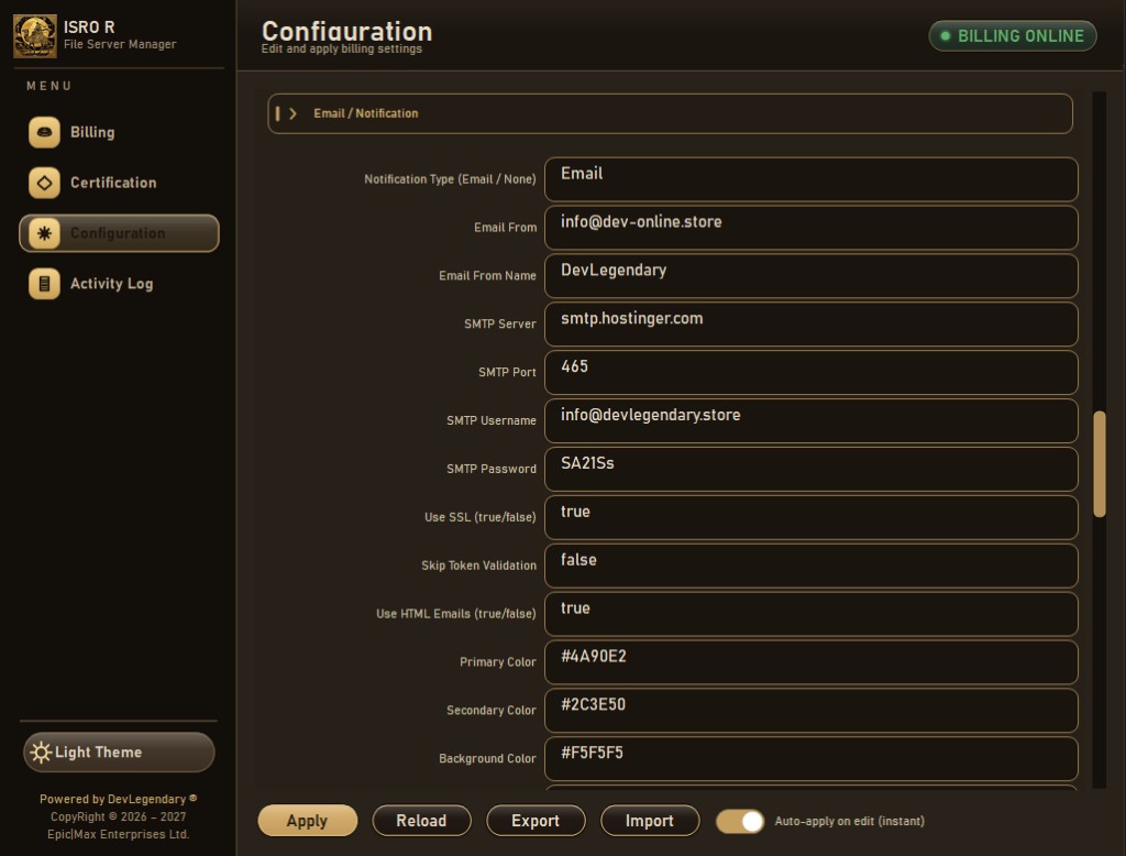 ISRO R File Server Manager configuration and email notification settings