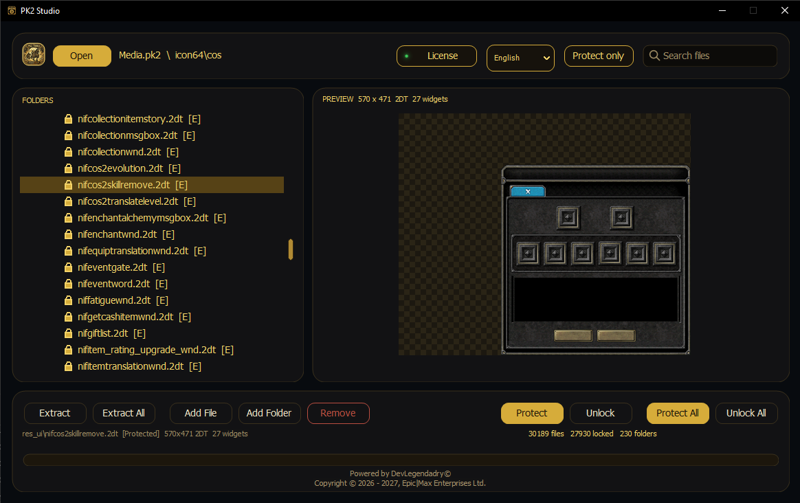 Pk2Studio protecting 2DT UI assets with live preview and padlock markers