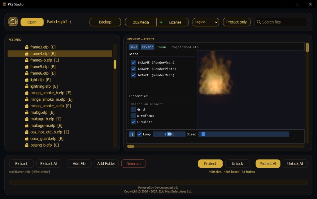 Pk2Studio Preview Effect editor playing an encrypted .efp particle scene
